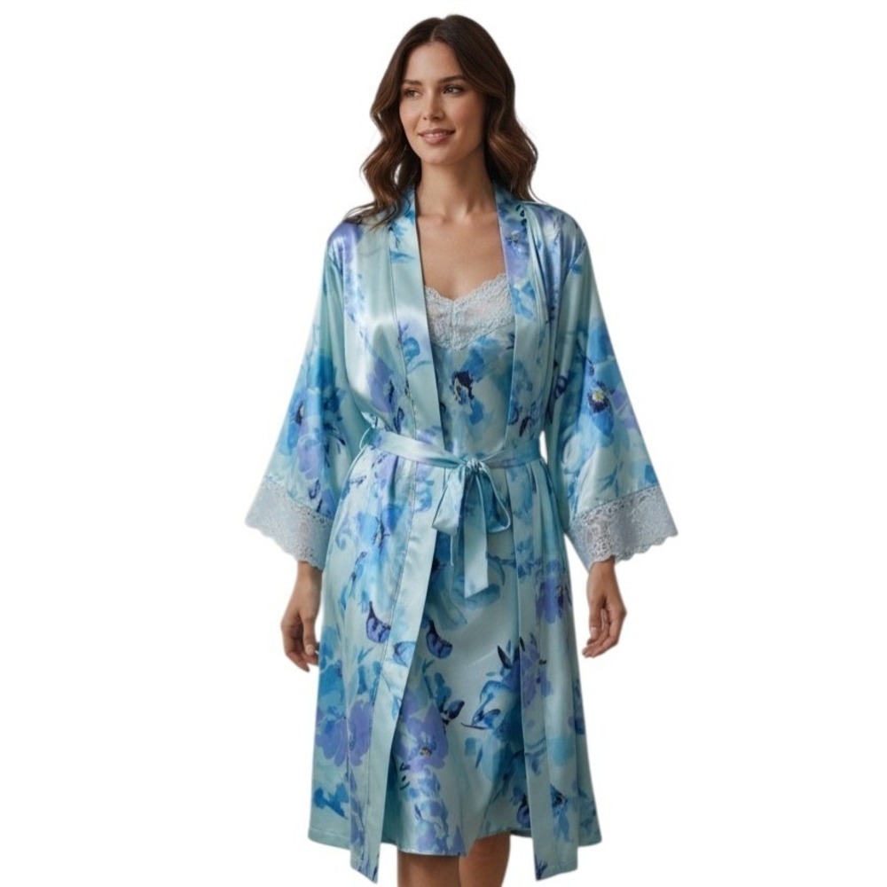 Amoureuse Satin Lace whimsy Women's size 1X Robe & Slip Dress Lingerie Sleepwear